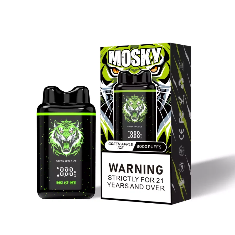 MOSKY NASAL 8000 Puffs Green Apple Ice Flavour Smart Screen Genuine Aussie Stock Low Nicotine Rechargeable Disposable Vape Pen No MOQ Best Seller