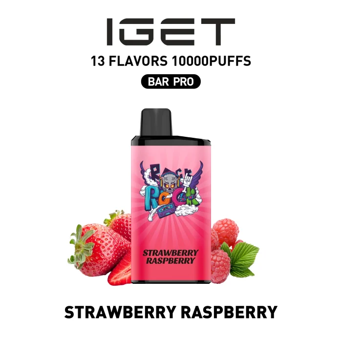 Strawberry Raspberry 1 IGET BAR PRO 10000 Puffs Strawberry Raspberry Flavour Disposable Vape